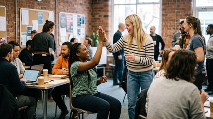 Obraz premium Happy Diverse Female Colleagues High-Fiving in Modern Office Space