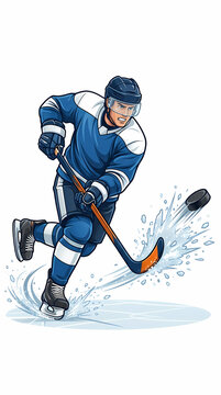 dynamic ice hockey player skating aggressively with a flying puck on ice.