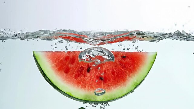 Watermelon slice splashing into clear water
