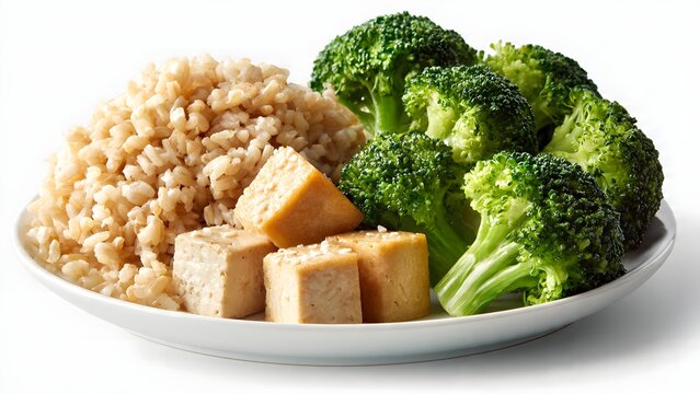 Healthy plate of brown rice, tofu, and steamed broccoli.