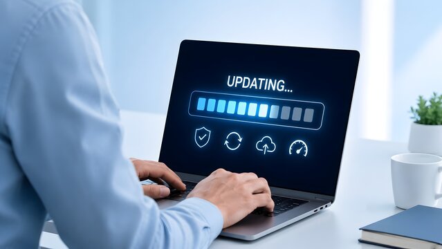 Professional Man Looking at Laptop Screen Showing Software System Updating Progress in Bright Office