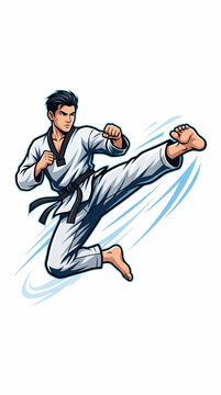 Dynamic illustration of a male martial artist executing a high flying side kick in a white dobok uniform.
