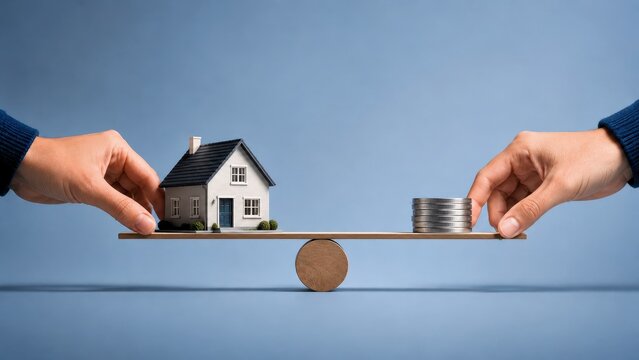 Household finance balance house coin scale concept, hands holding model house and coin stack on balanced board against blue background