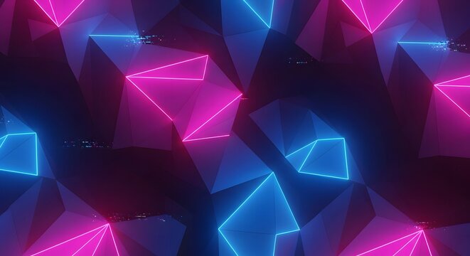 Geometric abstract background with neon pink and blue glowing outlines and glitch effects