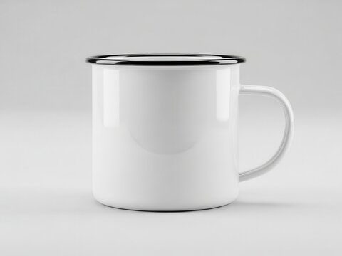 White enamel mug with black rim for coffee or tea isolated on white background