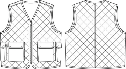 Technical flat sketch vector illustration of a quilted puffer vest front and back view with pockets for apparel design template © Majeda