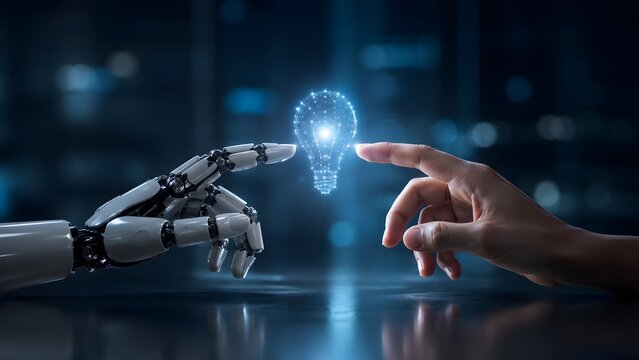 Human and robot hands reaching for a glowing wireframe lightbulb representing collaborative innovation and artificial intelligence generating new ideas.