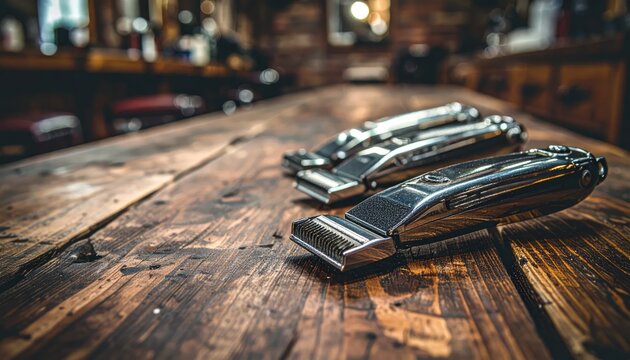 Close-up of electric hair clippers on a dark wood table inside a barbershop, soft lighting