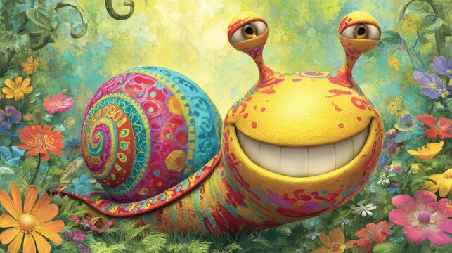 A colorful, smiling snail with detailed patterns on its shell and body is surrounded by vibrant flowers in a bright, whimsical garden.