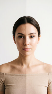 Womans Face Before and After Sun Exposure Showing Uneven Skin Tone and Tan Lines