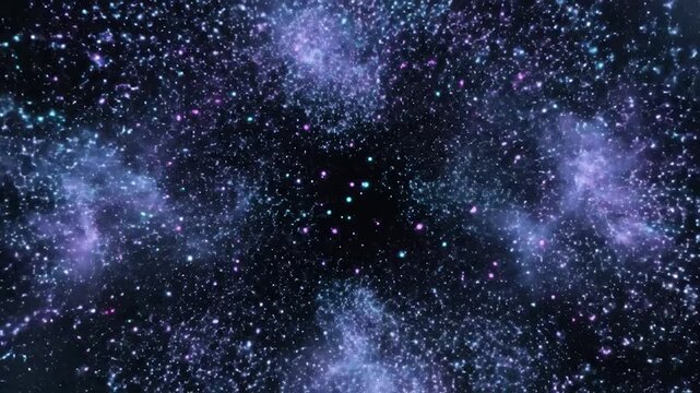 Abstract geometric network structure with glowing particles in deep space.