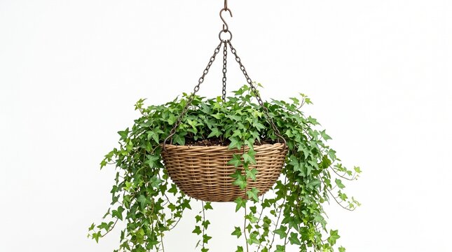 "ENGLISH IVY HANGING BASKET". Photo of lush Hedera helix with trailing vines in a woven wicker basket with metal chains. Clean white background. Perfect for home decor, gardening, boho interior, air-p