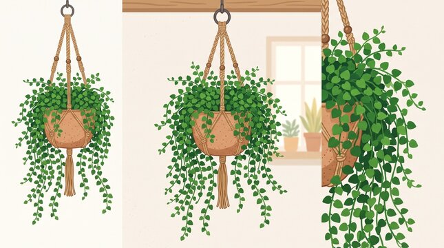 "TRAILING PEPPEROMIA MACRAME ILLUSTRATION". Illustration of Peperomia prostrata with tiny round leaves in terracotta pot with jute macrame hanger. Perfect for home decor, gardening, boho interior, pla