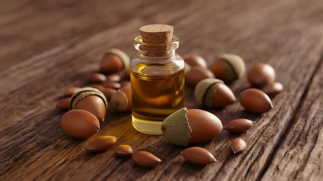 Close-up of a small glass bottle of golden argan oil placed on a rustic wooden background