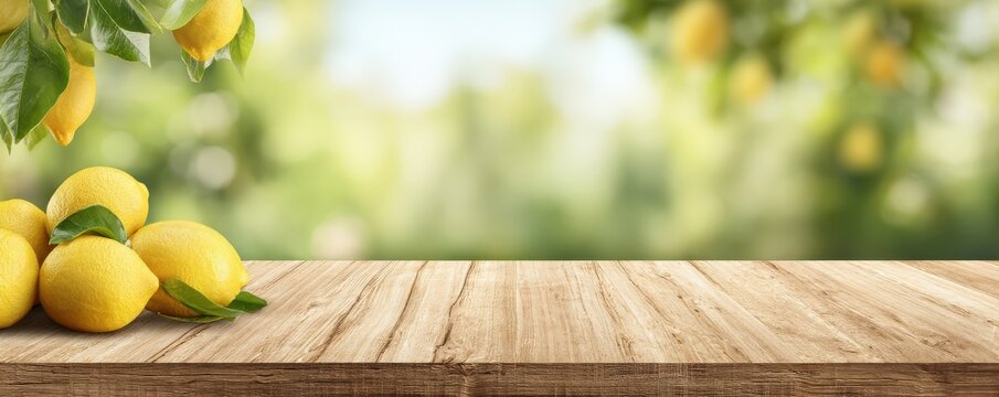 Fresh yellow lemons hang from leafy branches above a wooden table with a blurred green background.