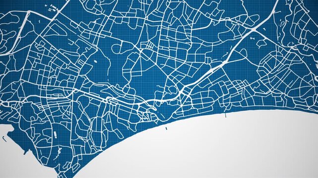 Ink reveal animation of Bournemouth city, Dorset, England, United Kingdom, grid map. Aerial top view. Blueprint style. White lines with blue background. 4K Seamless loop.