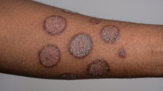 Multiple Circular Ringworm Tinea Corporis Lesions on Dark Skin Forearm Close Up