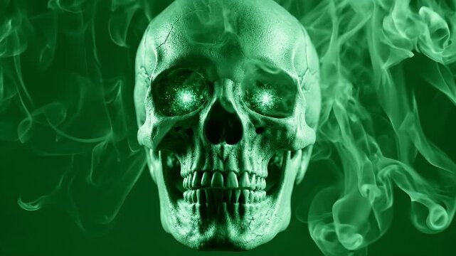 Glowing Skull With Green Ethereal Smoke - A detailed, glowing skull with bright green eyes is surrounded by wispy, ethereal green smoke.
