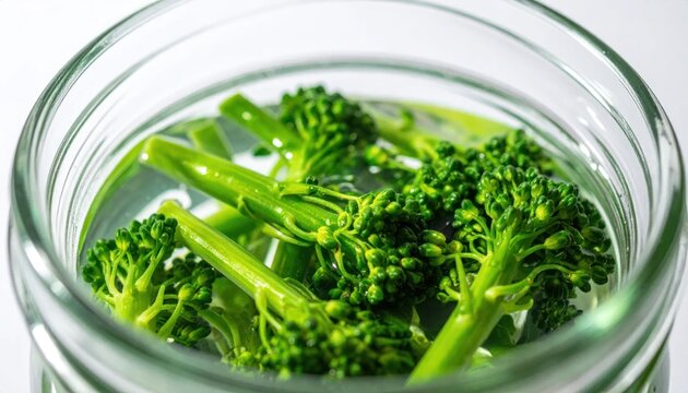 Close-up of vibrant green broccolini stems submerged in clear water within a glass container