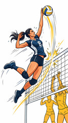 Fototapeta premium Dynamic volleyball player leaping to spike the ball during an intense match.