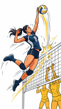 Dynamic volleyball player leaping to spike the ball during an intense match.