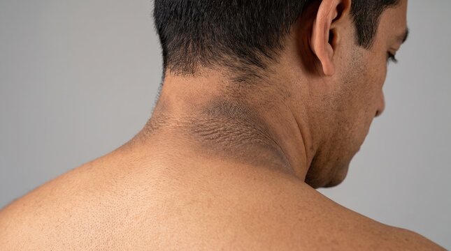 Acanthosis Nigricans Dark Velvety Skin Hyperpigmentation on Rear Neck Close Up