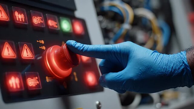 Hand Pushing Red Emergency Stop Button on Control Panel - A gloved hand presses a red emergency stop button on a control panel, surrounded by illuminated digital icons indicating warnings and system