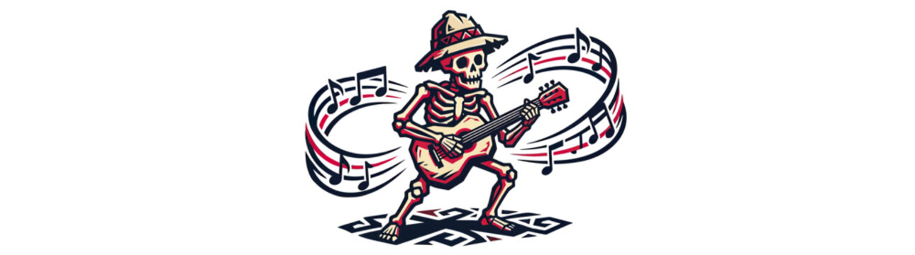 Skeleton playing guitar with musical notes
