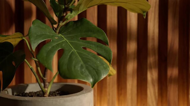 Tropical Plant in Concrete Pot Against Warm Wooden Slats - A lush green tropical plant with large, fenestrated leaves sits in a modern concrete pot.
