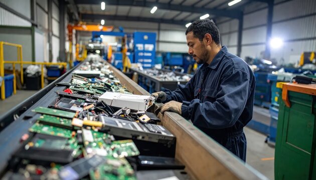 Worker inspecting electronics on conveyor belt in a recycling facility; equipment visible