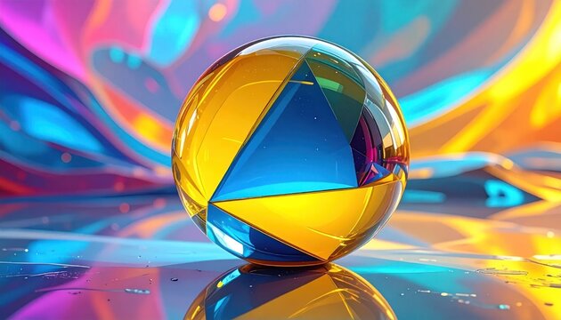 A transparent sphere with cut facets reflects vibrant colors against a blurred, abstract backdrop