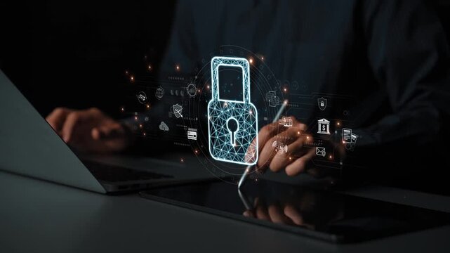 Cybersecurity protection system showing password encryption, fingerprint ID, cloud security, email, credit card, and database lock for secure data access Marrow