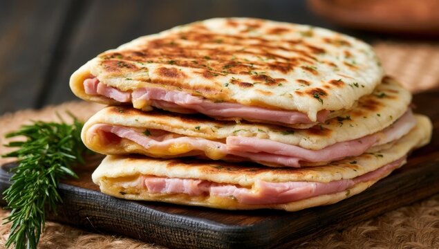 Grilled ham and cheese flatbread sandwich stacked on wooden board
