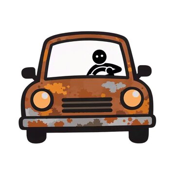 Hombre conduciendo un autom&oacute;vil antiguo en estilo pictograma minimalista