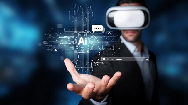 A businessman engages with virtual reality technology, showcasing artificial intelligence icons that represent a blend of innovation and digital experiences. Raster