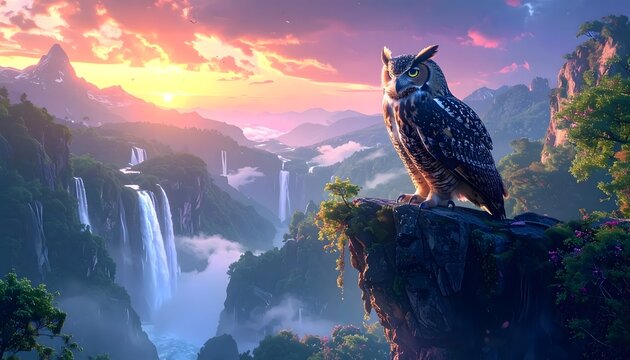 Majestic Owl Overlooking a Serene Landscape: A wise owl with keen eyes perches on a cliff edge, surveying a breathtaking vista of cascading waterfalls, misty mountains.
