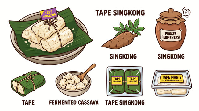 Cartoon illustration set of tape singkong fermented cassava traditional Indonesian snack with packaging and ingredients