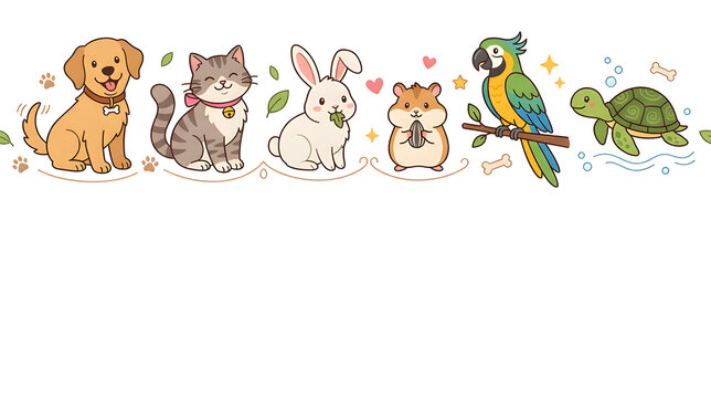 Horizontal border with cute domestic pets including dog, cat, rabbit, hamster, parrot and turtle, premium flat vector illustration, isolated on white background, large copy space