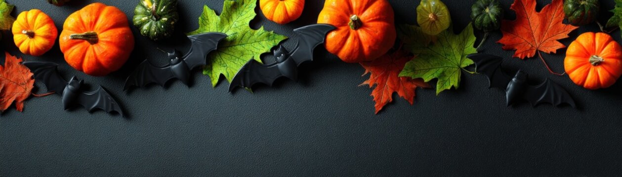A festive Halloween border with small pumpkins, colorful autumn leaves, and decorative black bats on a dark textured background.