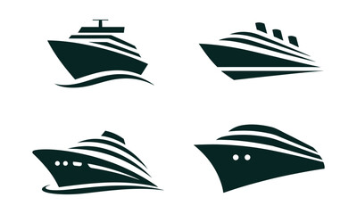 Black Ship Boat Logo Set Template With Sailing Vessel, Marine Emblems, Nautical Symbols, Ocean Transportation, Maritime Branding, And Editable Vector Logo Collection. © Mobarok Hossen Munna