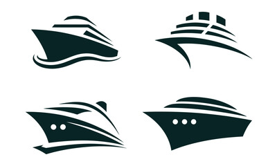 Black Ship Boat Logo Set Template With Sailing Vessel, Marine Emblems, Nautical Symbols, Ocean Transportation, Maritime Branding, And Editable Vector Logo Collection. © Mobarok Hossen Munna