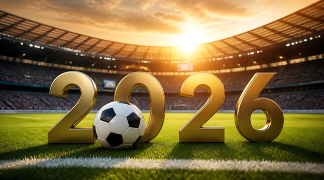Soccer ball on field with 2026 World Cup year illuminated at sunrise.