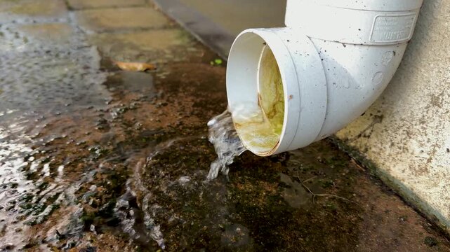 Rainwater Flowing from White PVC Gutter Downpipe onto Concrete Pavement