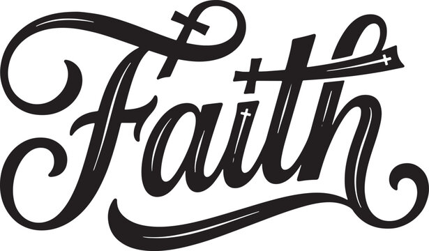 Handwritten faith word with three black cross symbols in script font