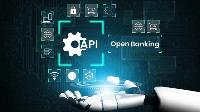 Futuristic Digital Concept of API Integration for Open Banking with Robotic Hand and Technical Interface Elements Representing Financial Services Gluon.