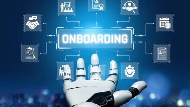 Futuristic Concept of Robotic Hand Signaling Employee Onboarding with Digital Icons Representing Modern Business Practices and Processes Sigmoid