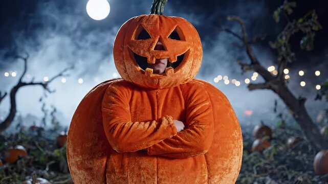 Person in Pumpkin Costume with Arms Crossed Halloween Night - A playful person wearing a large pumpkin costume stands with arms crossed against a spooky, moonlit Halloween night background.