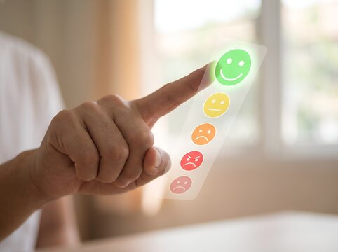Customer satisfaction survey with hand touching green smiley face, digital feedback rating scale, user experience and service evaluation concept