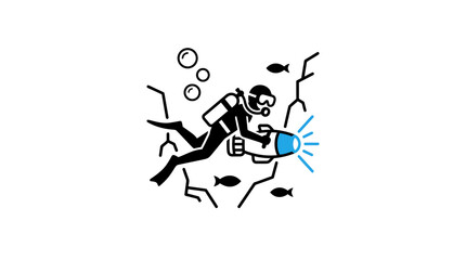 Fototapeta premium Diver with flashlight exploring underwater cave system illustration.
