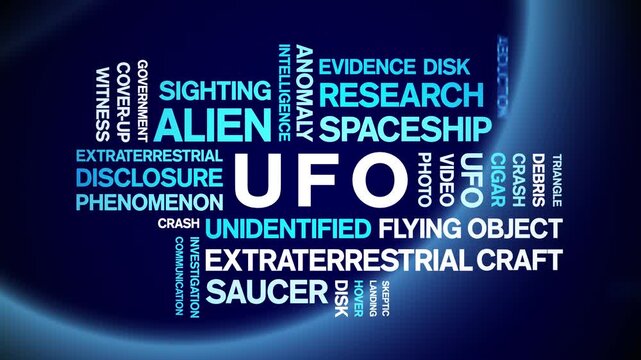 UFO animated word cloud-Unidentified Flying Object animation tag kinetic typography seamless loop.